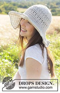 Bella Donna / DROPS 247-3 - Crocheted hat in DROPS Bomull-Lin or DROPS Paris. The piece is worked top down with lace pattern and large brim.