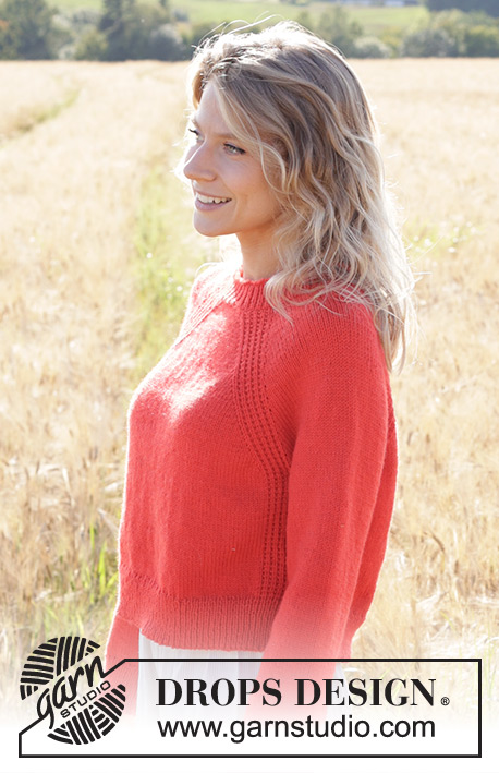 Red Sunrise / DROPS 248-10 - Knitted sweater in DROPS Daisy. The piece is worked top down with raglan, relief-pattern, split in sides and I-cord. Sizes S - XXXL.