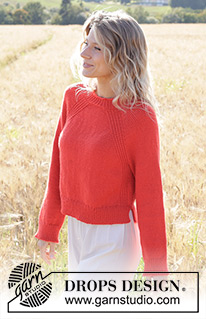 Red Sunrise / DROPS 248-10 - Raglánový pulovr s plastickým vzorem a postranními rozparky pletený shora dolů z příze DROPS Daisy. Velikost S - XXXL.