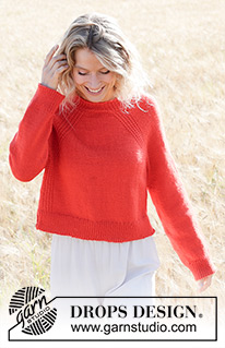 Red Sunrise / DROPS 248-10 - Raglánový pulovr s plastickým vzorem a postranními rozparky pletený shora dolů z příze DROPS Daisy. Velikost S - XXXL.