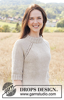 Sand Valley / DROPS 248-12 - Knitted jumper in DROPS Bomull-Lin or DROPS Paris. The piece is worked top down in stocking stitch with double neck, raglan, ¾-length sleeves and split in sides with I-cord. Sizes XS - XXL.