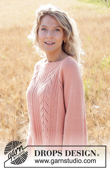 Pink Paradise / DROPS 248-14 - Knitted jumper in DROPS Flora or DROPS BabyMerino. The piece is worked top down with raglan, lace pattern and cables. Sizes S - XXXL.