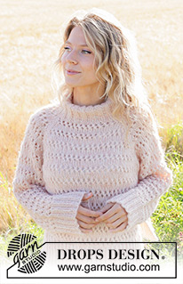 Sommervind / DROPS 248-15 - Knitted jumper in DROPS Alpaca and DROPS Brushed Alpaca Silk. The piece is worked top down with raglan, double neck, lace pattern and split in sides. Sizes S - XXXL.