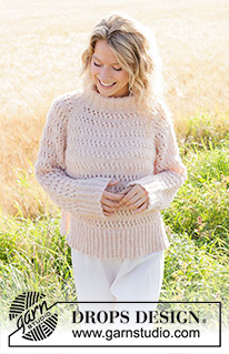 Sommervind / DROPS 248-15 - Knitted sweater in DROPS Alpaca and DROPS Brushed Alpaca Silk. The piece is worked top down with raglan, double neck, lace pattern and split in sides. Sizes S - XXXL.