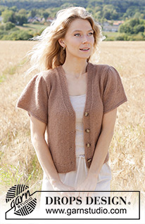 Brown Butterflies Cardigan / DROPS 248-19 - Knitted jacket in DROPS Alpaca and DROPS Kid-Silk. The piece is worked bottom up with V-neck, I-cord and short, puffed sleeves. Sizes S - XXXL.