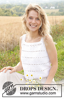 Moonstone Meadow / DROPS 248-22 - Crocheted top/singlet in DROPS Safran. Piece is crocheted top down with treble crochets and lace pattern. Size: S - XXXL