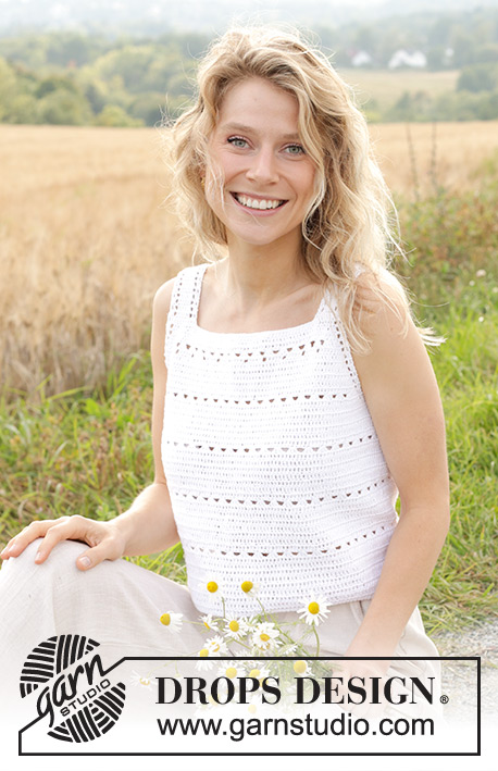 Moonstone Meadow / DROPS 248-22 - Crocheted top/singlet in DROPS Safran. Piece is crocheted top down with treble crochets and lace pattern. Size: S - XXXL