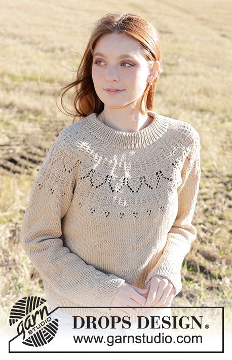 Sand Notes / DROPS 248-31 - Knitted sweater in DROPS Muskat. The piece is worked top down with double neck, round yoke and lace pattern. Sizes S - XXXL.