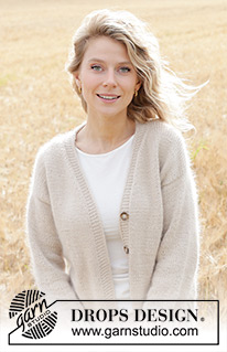 Gentle Wind Cardigan / DROPS 248-4 - Knitted jacket in DROPS Daisy and DROPS Kid-Silk. The piece is worked top down with stockinette stitch, European/diagonal shoulders, V-neck and I-cord. Sizes S - XXXL.