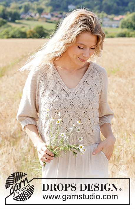 Sand Diamond / DROPS 248-6 - Knitted jumper in DROPS Daisy or DROPS Merino Extra Fine. The piece is worked top down with raglan, V-neck, lace pattern and ¾-length sleeves. Sizes S - XXXL.