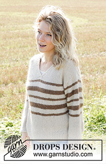 Land Sailor / DROPS 248-8 - Knitted sweater in DROPS Soft Tweed and DROPS Kid-Silk. The piece is worked top down with diagonal/European shoulders, V-neck, stripes and split in sides. Sizes S - XXXL.