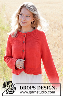 Red Sunrise Cardigan / DROPS 248-9 - Casaco tricotado de cima para baixo, em DROPS Daisy. Tricota-se com cavas raglan, ponto fantasia em relevo, fendas nos lados e orla I-cord. Do S ao XXXL.
