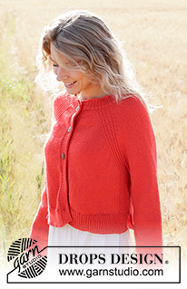 Red Sunrise Cardigan / DROPS 248-9 - Rozpinany sweter na drutach, przerabiany od góry do dołu, z włóczki DROPS Daisy. Z reglanowymi rękawami, strukturalnym ściegiem fantazyjnym, pęknięciami na bokach i brzegiem I-cord. Od S do XXXL.