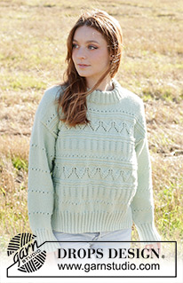Mint Romance / DROPS 249-12 - Knitted sweater in DROPS Daisy. The piece is worked top down with diagonal/European shoulders, lace pattern, double neck and split in sides. Sizes S - XXXL.
