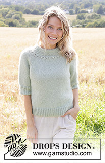 Fresh Mint Tea / DROPS 249-13 - Knitted sweater in DROPS Alpaca and DROPS Kid-Silk or DROPS Baby Merino and DROPS Kid-Silk. The piece is worked top down with double neck, raglan, lace pattern and short sleeves. Sizes S - XXXL.