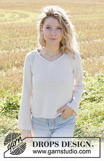 Morning Moon / DROPS 249-15 - Knitted sweater in DROPS Belle. The piece is worked top down with stockinette stitch, raglan, V-neck and rolled edges. Sizes S-XXXL.