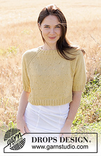 Dandelion Heart / DROPS 249-19 - Knitted short-sleeved jumper in DROPS Belle. The piece is worked top down with raglan and relief-pattern. Sizes S - XXXL.