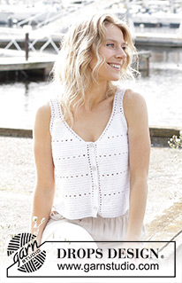 Moonstone Meadow / DROPS 249-26 - Crocheted top / singlet / vest in DROPS Safran. The piece is worked top down with treble crochets, lace pattern and V-neck. Sizes S - XXXL.