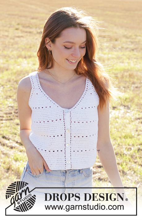 Moonstone Meadow / DROPS 249-26 - Crocheted top / singlet / vest in DROPS Safran. The piece is worked top down with double crochets, lace pattern and V-neck. Sizes S - XXXL.