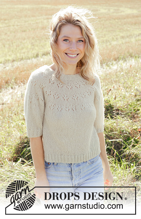 Spring Mist / DROPS 249-27 - Knitted sweater in DROPS Brushed Alpaca Silk. The piece is worked top down with round yoke, lace pattern and short sleeves. Sizes S - XXXL.