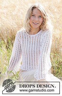 Moon Lace Sweater / DROPS 249-31 - Crocheted jumper in DROPS Belle. The piece is worked bottom up with lace pattern and wide, sewn-in sleeves. Sizes S - XXXL.
