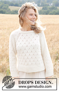 Spring Snowflake / DROPS 249-4 - Knitted jumper in DROPS Air or DROPS Paris. The piece is worked top down with double neck, raglan, lace pattern and split in sides. Sizes S - XXXL.
