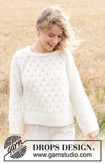 Spring Snowflake / DROPS 249-4 - Knitted jumper in DROPS Air or DROPS Paris. The piece is worked top down with double neck, raglan, lace pattern and split in sides. Sizes S - XXXL.