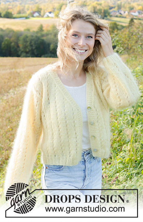Sunshine Trail Cardigan / DROPS 249-6 - Knitted jacket in 3 strands DROPS Kid-Silk. The piece is worked bottom up with lace pattern, V-neck and I-cord. Sizes XS - XXL.