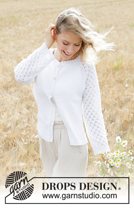 Daisy Fields Cardigan / DROPS 249-8 - Knitted jacket in DROPS Safran or DROPS BabyMerino. The piece is worked top down with raglan and lace pattern. Sizes S - XXXL.
