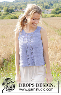 Lotus River / DROPS 250-10 - Crocheted top in DROPS Safran. The piece is worked back and forth, bottom up with lace pattern and split in sides. Sizes S - XXXL.