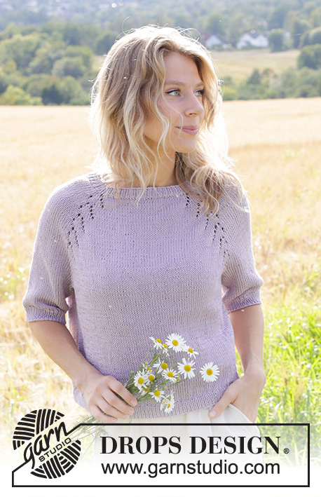 Orchid Tea / DROPS 250-3 - Knitted sweater in DROPS Muskat. The piece is worked top down with raglan, lace pattern and short sleeves. Sizes S - XXXL.