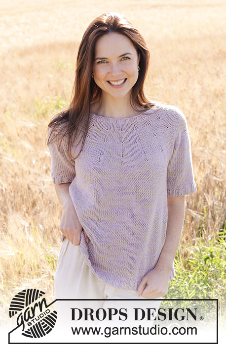 Sunny Lavender / DROPS 250-31 - Knitted top in 2 strands DROPS Safran. Piece is knitted top down with round yoke, lace pattern and short sleeves. Size: S - XXXL