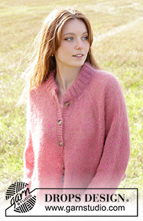 Strawberry Haze Cardigan / DROPS 250-34 - Rozpinany sweter na drutach, przerabiany od góry do dołu, 2 nitkami włóczki DROPS Kid-Silk. Z reglanowymi rękawami i podwójnym wykończeniem dekoltu. Od S do XXXL