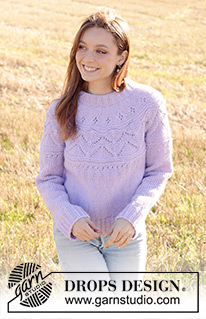 Lavender Harvest / DROPS 250-35 - Strikket genser i DROPS Air. Arbeidet strikkes ovenfra og ned med dobbel halskant, rundfelling og hullmønster. Størrelse S - XXXL.