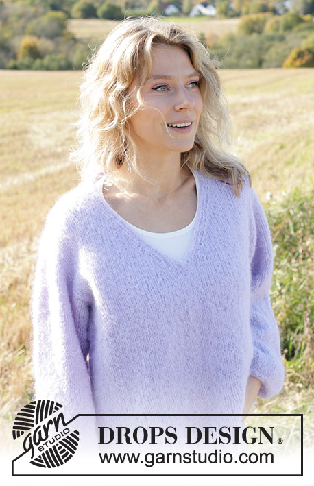 Spring Iris / DROPS 250-39 - Knitted jumper in DROPS Melody. Piece is knitted top down with European shoulder / diagonal shoulder, V-neck and I-Cord. Size XS – XXL.