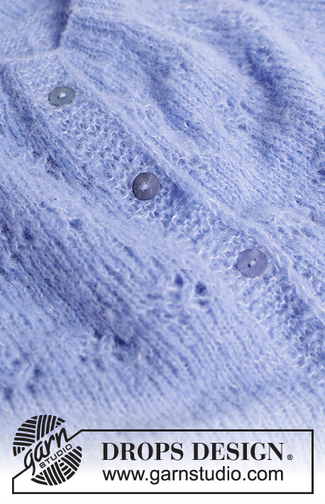Floral Lake Cardigan / DROPS 250-40 - Rozpinany sweter na drutach, przerabiany od góry do dołu, z włóczki DROPS Brushed Alpaca Silk. Z zaokrąglonym karczkiem ściegiem ażurowym, brzegiem I-cordem i rękawami 3/4. Od S do XXXL