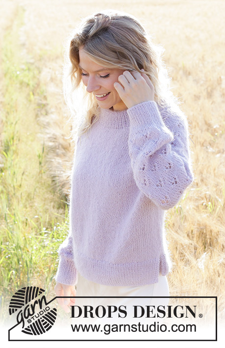 Afternoon in Provence / DROPS 250-5 - Knitted sweater in DROPS Alpaca and DROPS Kid-Silk. The piece is worked top down with double neck, raglan, lace pattern, balloon sleeves and split in sides. Sizes S - XXXL.
