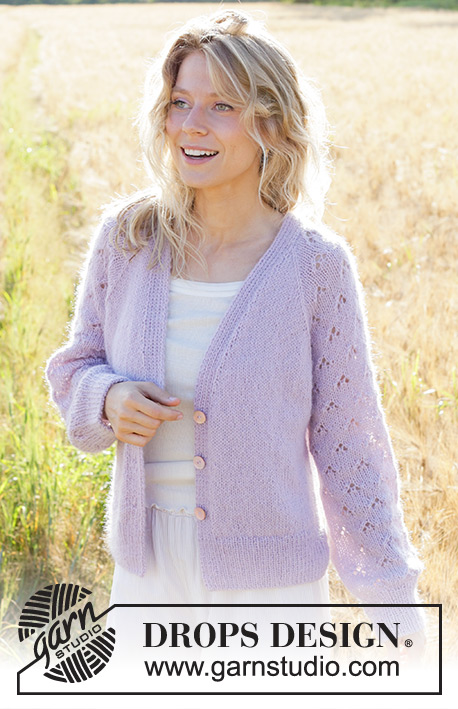 Afternoon in Provence Cardigan / DROPS 250-6 - Knitted jacket in DROPS Alpaca or DROPS Nord and DROPS Kid-Silk. Piece is knitted top down with V-neck, raglan, lace pattern, balloon sleeves and vents in the sides. Size: S - XXXL