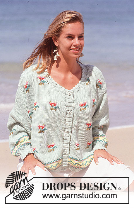 Posies Cardigan / DROPS 30-15 - Rozpinany sweter na drutach, z żakardem w bukieciki kwiatów, z włóczki DROPS Paris. Od S do L.