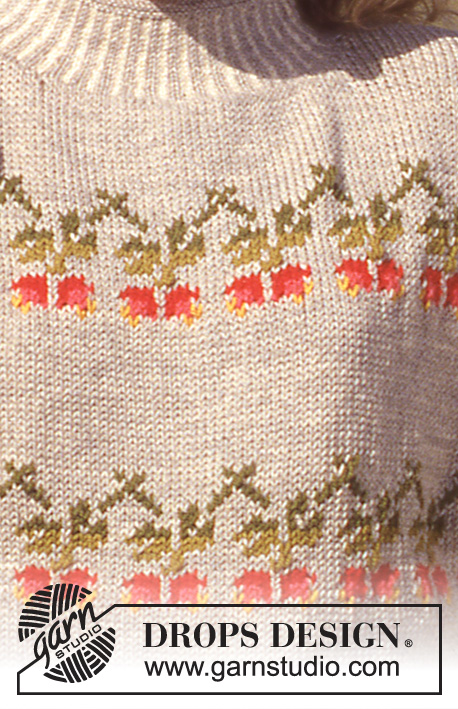 Rose Bouquet / DROPS 31-6 - Sweter na drutach, z żakardem w róże i spódnica na drutach z włóczki DROPS Karisma Suparwash. Sweter w wersji krótkiej lub długiej. Od S do L.