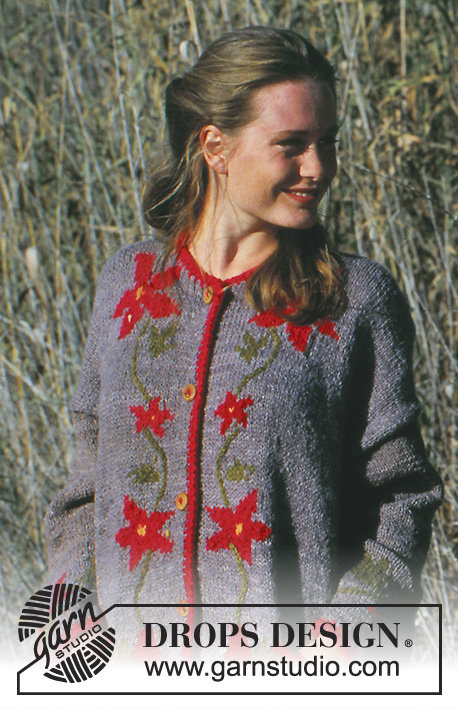 Tangled / DROPS 37-2 - Rozpinany sweter na drutach z włóczki DROPS Handspunn Alpaca lub z włóczki DROPS Nepal, z żakardem w kwiaty. Od S do L.