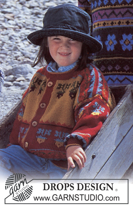 DROPS 39-16 - Dziecięcy rozpinany sweter na drutach, z żakardem, z włóczki DROPS Karisma. Od 2 do 12 lat.