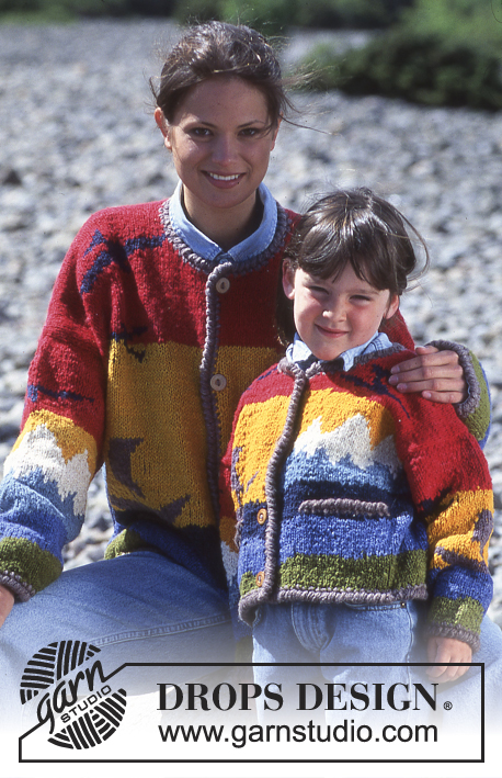DROPS 39-25 - Rozpinany sweter na drutach, z żakardem pejzaż, z włóczki DROPS Spunnet Alpaca. Rozmiar dziecięcy i dla dorosłych.