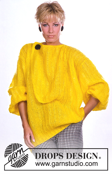 DROPS 4-11 - Długi sweter na drutach, ściegiem fantazyjnym w paski, z plisą przy dekolcie, z włóczki DROPS Toscana. Rozmiar M.