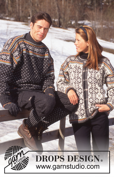 DROPS 52-17 - Rozpinany sweter na drutach, żakard z płatkami śniegu, z włóczki DROPS Karisma Superwash.