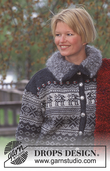 Reindeer Lineup / DROPS 63-6 - Lang DROPS jakke med nordisk lus. Vanter i Camelia og 
skjerf i Big Bouclé.