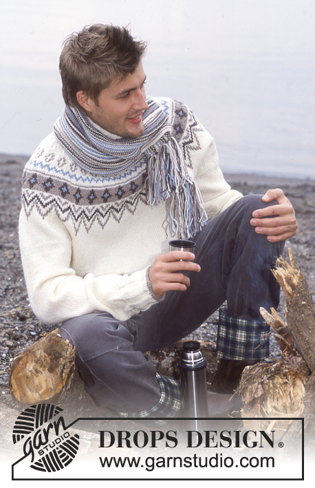 Lasse / DROPS 85-21 - Strikket genser med rundt bærestykke og nordisk mønster, og skjerf med striper i DROPS Karisma eller DROPS Merino Extra Fine