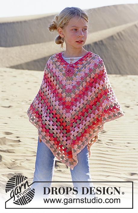 Little Sophie / DROPS 89-6 - DROPS Girl’s Crocheted Poncho in Paris with blossom in Safran