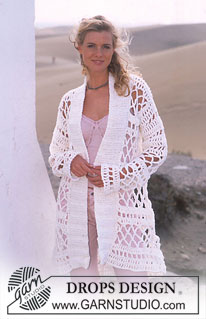 DROPS 90-15 - DROPS Long Crocheted Cardigan in Ice with Knit buttonband.