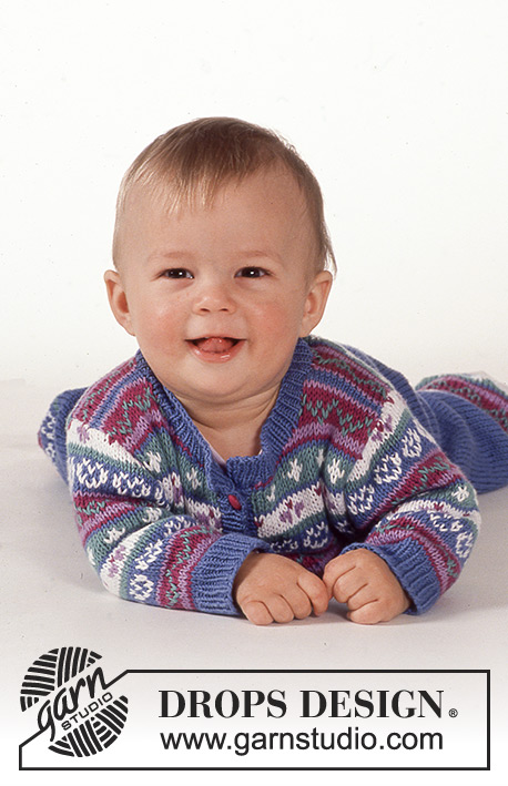 Lovelia / DROPS Baby 1-4 - Strikket sett med jakke og bukse til baby i DROPS Safran. Arbeidet strikkes med flerfarget mønster og border. Størrelse 3 mnd - 2 år.